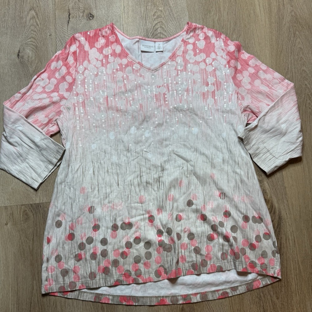 Vintage Weekend by Chicos L Pink White Sequins polka dot 3/4 sleeve shirt